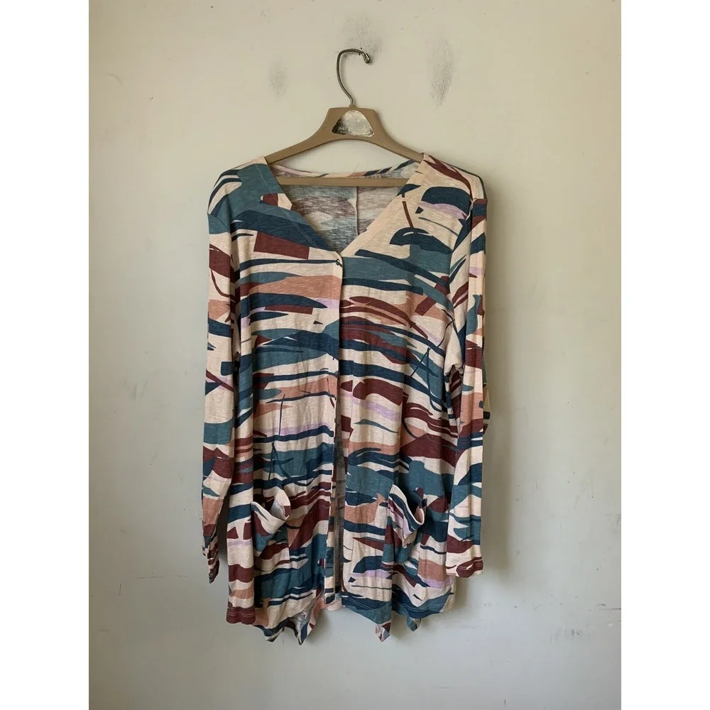 LOGO Lori Goldstein Womens Cardigan 2X Camo Camping Lounge Slouchy Fall Comfy
